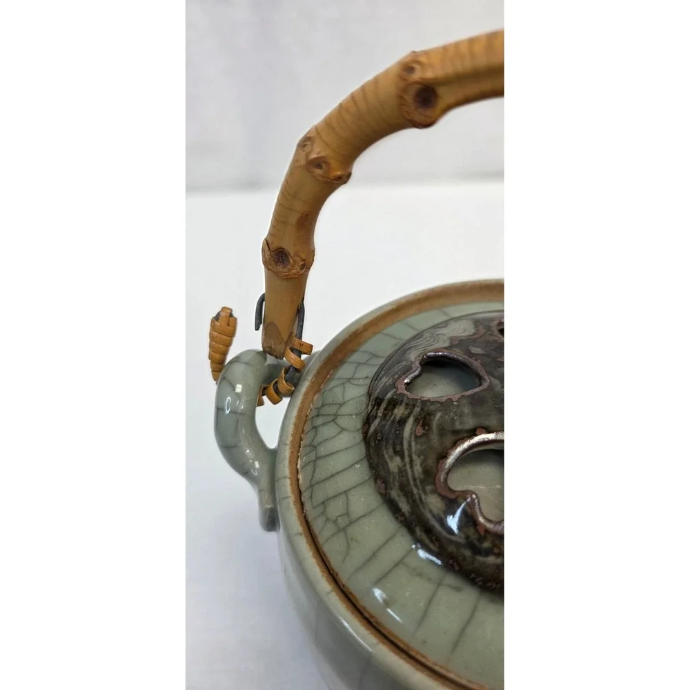 Japanese Crackle Glaze Celadon Tea Set Bamboo Handle Teapot and 2 Cups Heart Cut